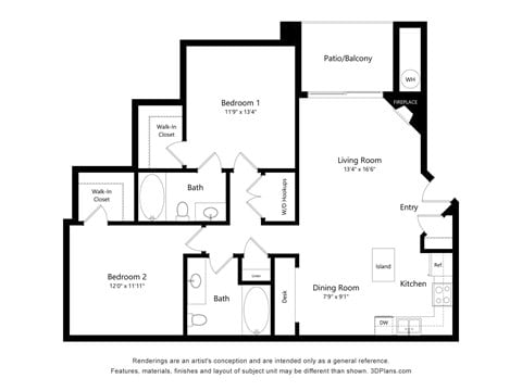 Floor plan for 2 beds, 2 baths, 1062 sqft